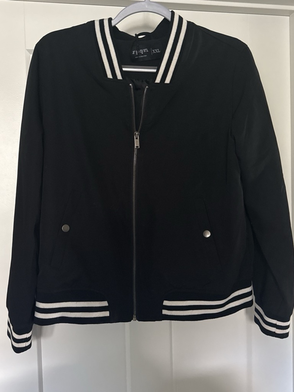 Black Bomber Jacket with White Stripe Trim
